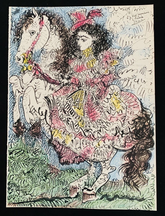 Image 1 of Lithographie originale en couleurs de Pablo Picasso, Jacqueline sur un cheval 1961. En excellent état.  Torres Y Torrer