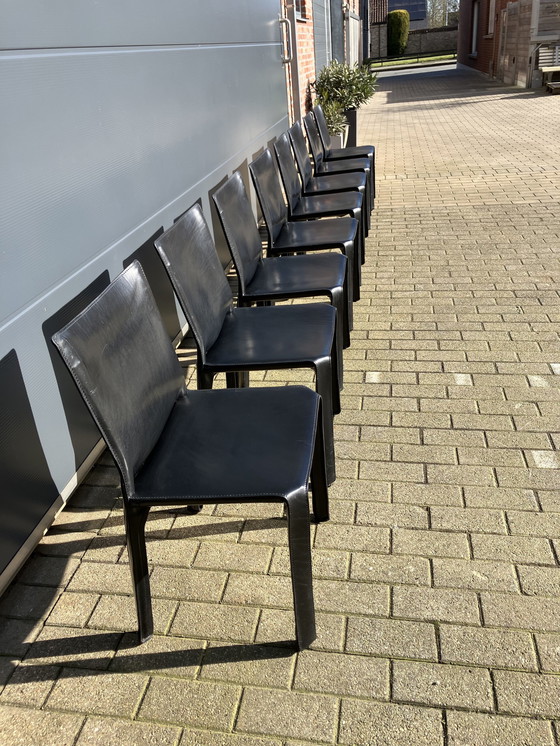 Image 1 of 8X Cassina Cab Chairs Mario Bellini En Cuir Noir Saddle