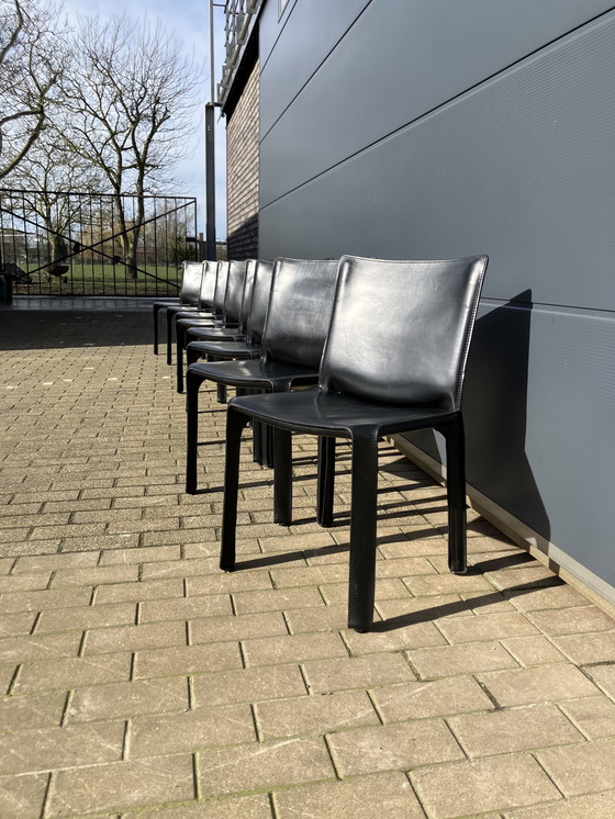 Image 1 of 8X Cassina Cab Chairs Mario Bellini En Cuir Noir Saddle