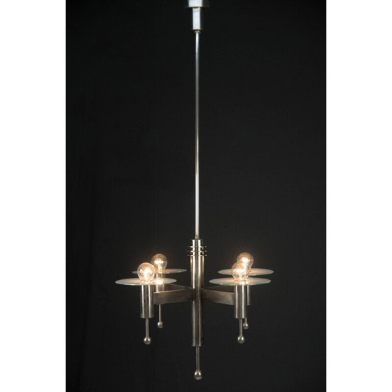 Image 1 of Lustre vintage art déco ou bauhaus nickelé avec 4 flammes, 1920