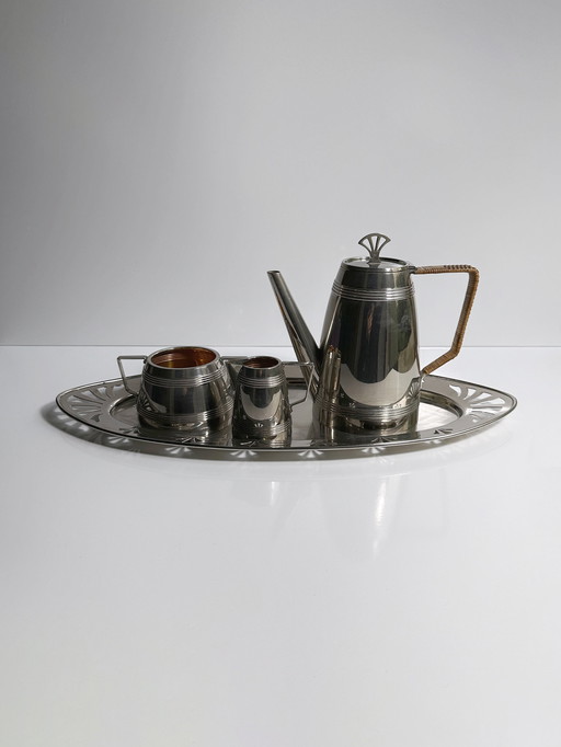 Art Deco Service à café 30Er 1930 Argenté Métal Argenté Hôtelier Verseuse Sucre Lait