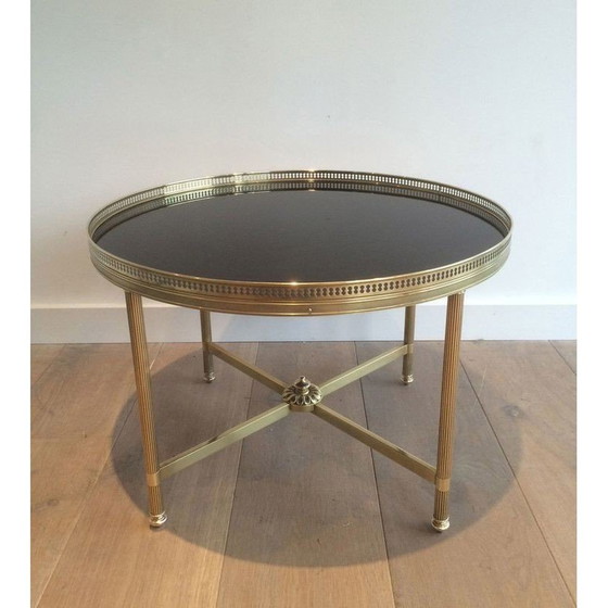 Image 1 of Table basse ronde vintage en laiton et verre laqué noir pour Maison Jansen, France 1940