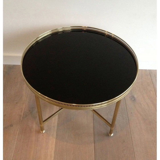 Image 1 of Table basse ronde vintage en laiton et verre laqué noir pour Maison Jansen, France 1940