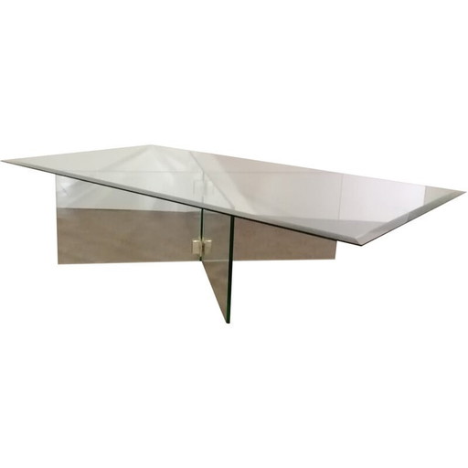 Table basse vintage en verre trempé et laiton par Leon Rosen pour Pace Collection, 1970