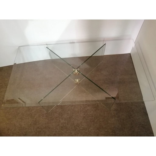 Table basse vintage en verre trempé et laiton par Leon Rosen pour Pace Collection, 1970