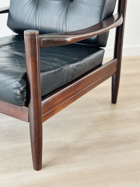 Image 1 of Fauteuil vintage danois en teck avec cuir noir