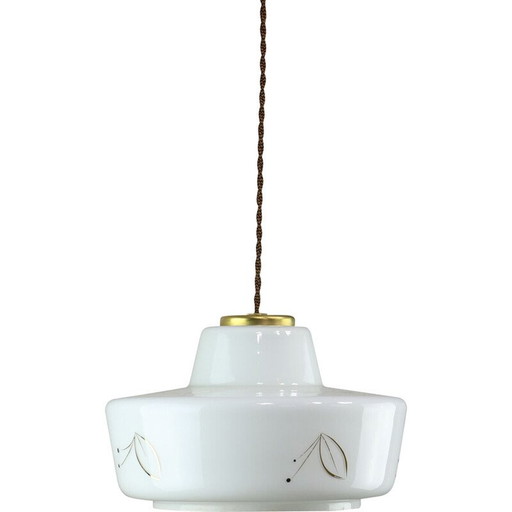Lampe suspendue vintage en laiton et verre blanc, 1960