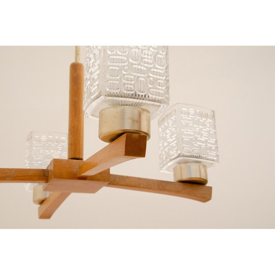 Image 1 of Lustre vintage en verre taillé et bois, Tchécoslovaquie 1970