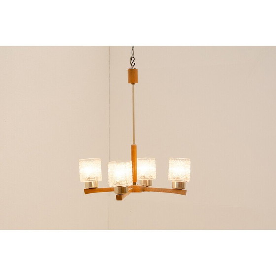 Image 1 of Lustre vintage en verre taillé et bois, Tchécoslovaquie 1970
