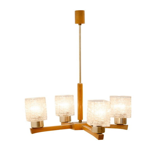 Image 1 of Lustre vintage en verre taillé et bois, Tchécoslovaquie 1970