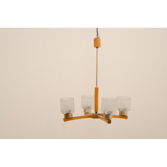 Image 1 of Lustre vintage en verre taillé et bois, Tchécoslovaquie 1970