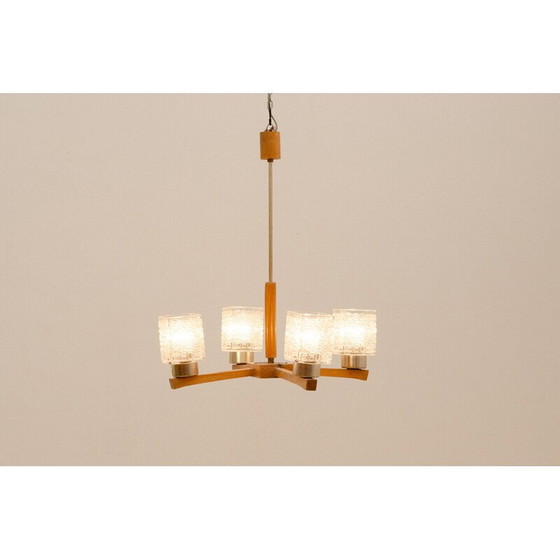 Image 1 of Lustre vintage en verre taillé et bois, Tchécoslovaquie 1970