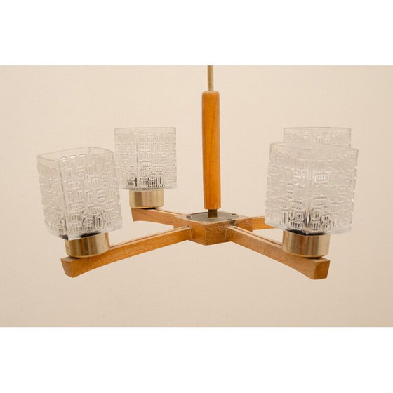 Image 1 of Lustre vintage en verre taillé et bois, Tchécoslovaquie 1970