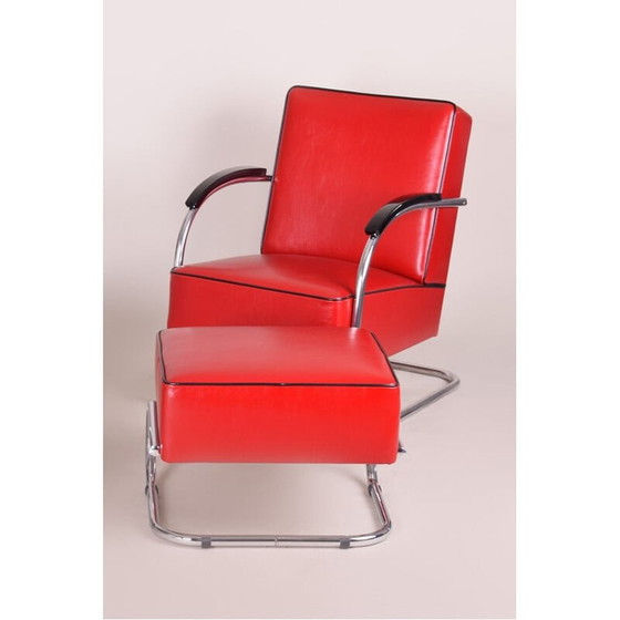 Image 1 of Fauteuil et repose-pieds vintage en cuir rouge de Mucke Melder, années 1930