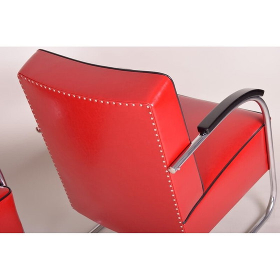 Image 1 of Fauteuil et repose-pieds vintage en cuir rouge de Mucke Melder, années 1930