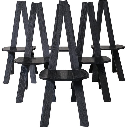 Ensemble de 6 chaises de salle à manger noires françaises vintage par Pierre Chapo, 1970