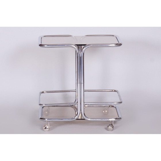 Image 1 of Chariot de service en chrome et verre fumé du milieu du siècle, Tchécoslovaquie, années 1960
