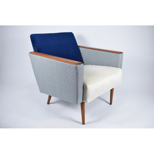 Fauteuil vintage avec pied de poule en velours beige-bleu années 1960
