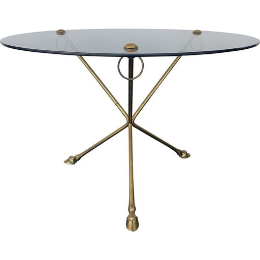 Table basse vintage en verre et laiton avec pieds tripodes, 1970