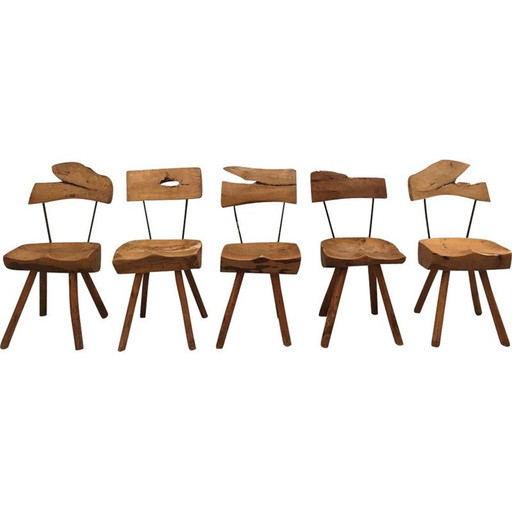 Ensemble de 5 chaises vintage en bois d'olivier et acier, 1960