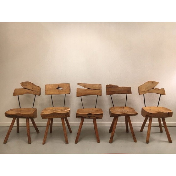 Image 1 of Ensemble de 5 chaises vintage en bois d'olivier et acier, 1960