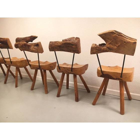 Image 1 of Ensemble de 5 chaises vintage en bois d'olivier et acier, 1960