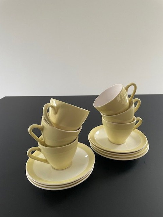 Image 1 of 6X tasses et soucoupes Petrus Regout Porcelaine Jaune citron clair/blanc