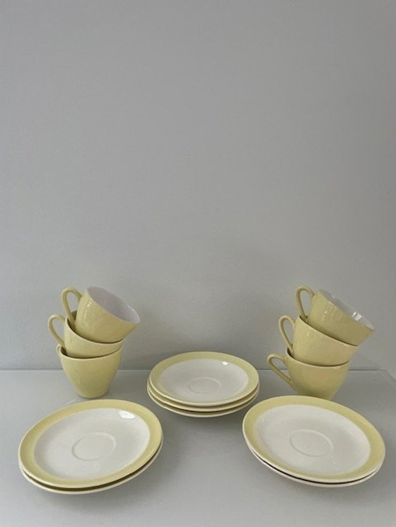 Image 1 of 6X tasses et soucoupes Petrus Regout Porcelaine Jaune citron clair/blanc