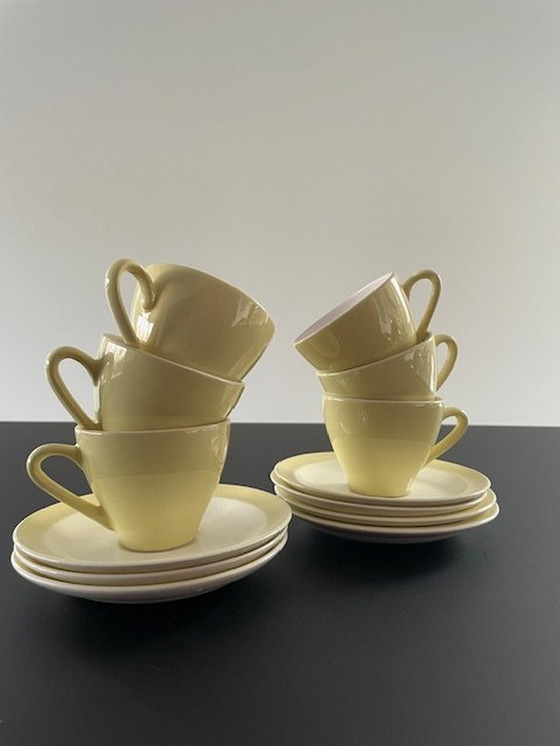 Image 1 of 6X tasses et soucoupes Petrus Regout Porcelaine Jaune citron clair/blanc