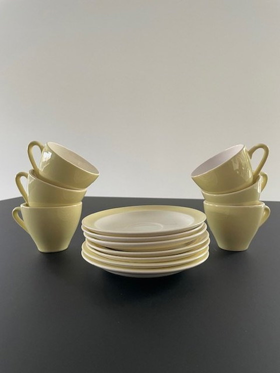 Image 1 of 6X tasses et soucoupes Petrus Regout Porcelaine Jaune citron clair/blanc