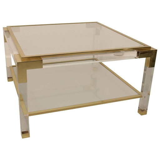 Table basse vintage italienne en plexi, laiton et acier inoxydable, 1970