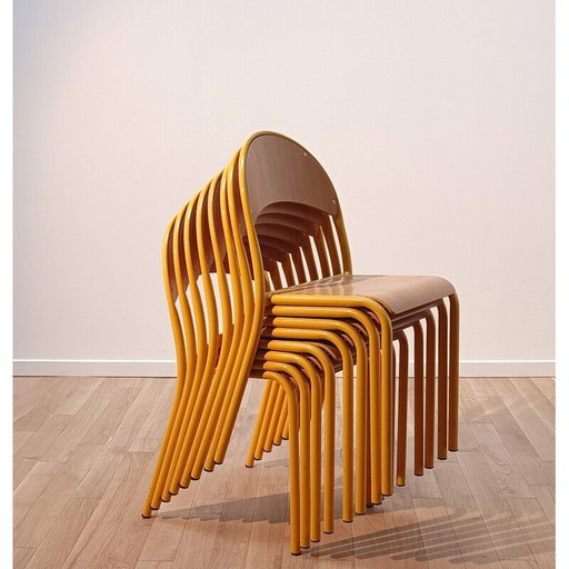 Chaise d'écolier vintage en bois et acier teinté jaune