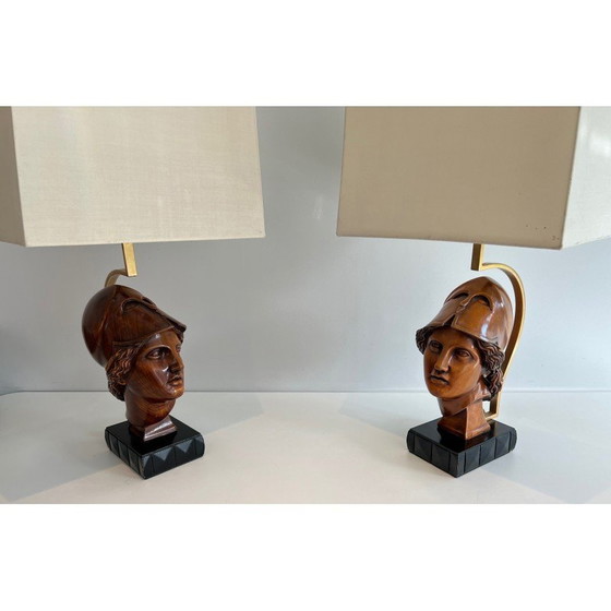 Image 1 of Paire de lampes vintage en noyer représentant des visages de soldats casqués, Italie 197