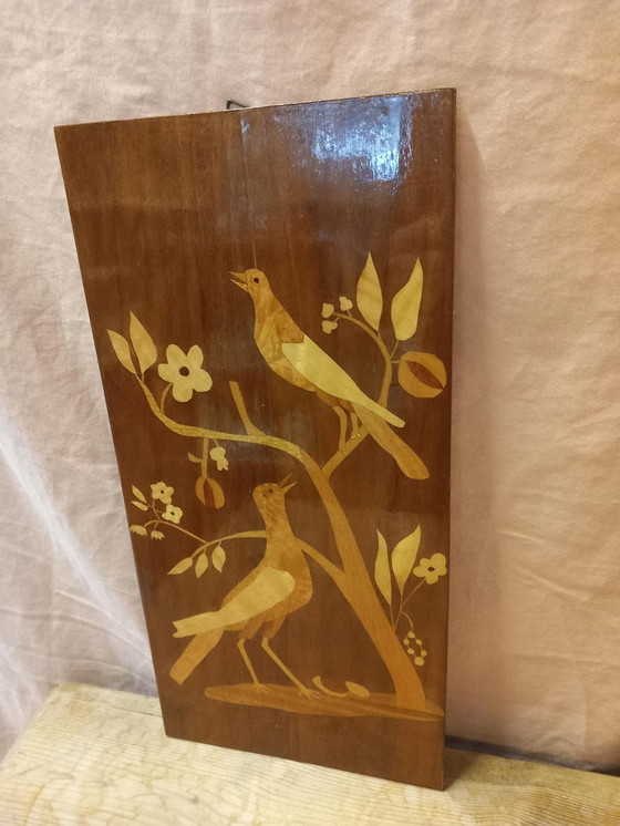 Image 1 of Mid Century Wooden Intarsia Bird Wall Decoration (Décoration murale en bois avec oiseaux)