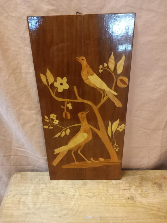 Image 1 of Mid Century Wooden Intarsia Bird Wall Decoration (Décoration murale en bois avec oiseaux)