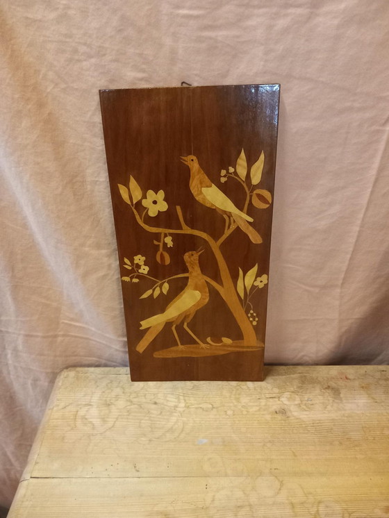 Image 1 of Mid Century Wooden Intarsia Bird Wall Decoration (Décoration murale en bois avec oiseaux)