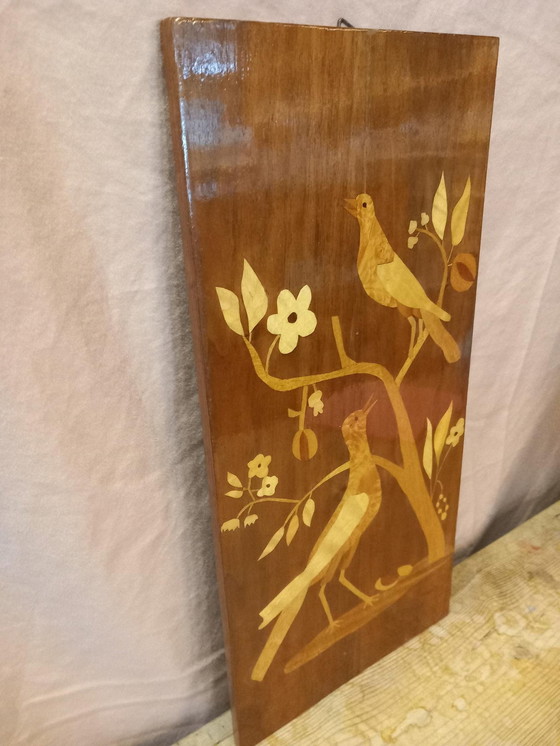 Image 1 of Mid Century Wooden Intarsia Bird Wall Decoration (Décoration murale en bois avec oiseaux)