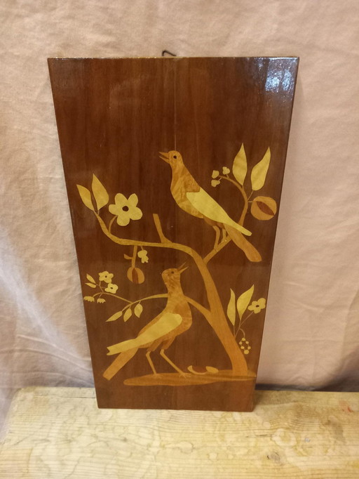 Mid Century Wooden Intarsia Bird Wall Decoration (Décoration murale en bois avec oiseaux)