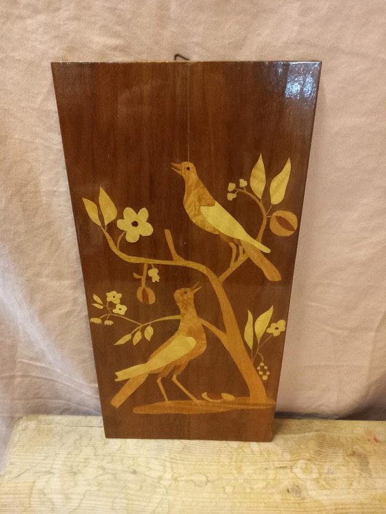 Image 1 of Mid Century Wooden Intarsia Bird Wall Decoration (Décoration murale en bois avec oiseaux)