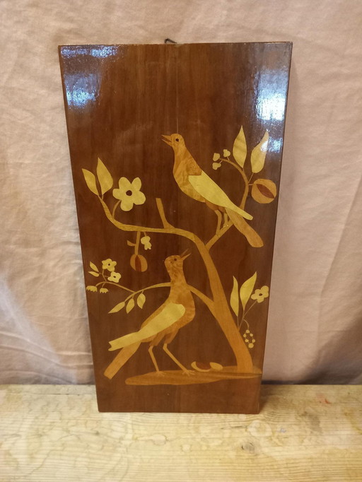 Mid Century Wooden Intarsia Bird Wall Decoration (Décoration murale en bois avec oiseaux)