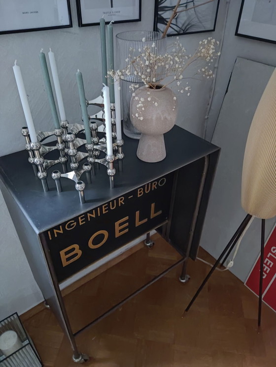 Image 1 of console, chariot de bar, modern industrial, Boell, pièce unique, acier brut, rollbar, noir-or