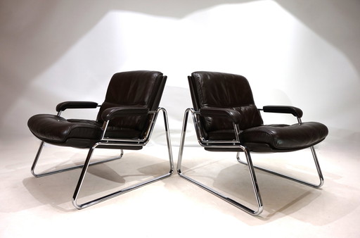 2 fauteuils Drabert Lounge en cuir marron de Gerd Lange, 1970