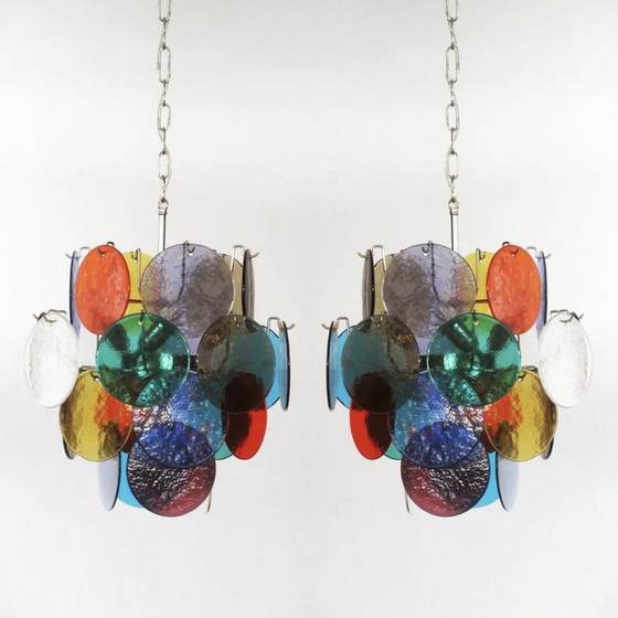 Image 1 of Lustre vintage en verre de Murano Vistosi avec 4 lumières multicolores, Italie 1980