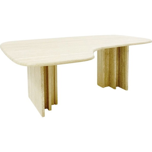 Table basse vintage en travertin boomerang, Italie 1970