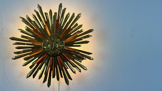 Image 1 of Applique murale Sunburst coupe soleil Mid Century bois