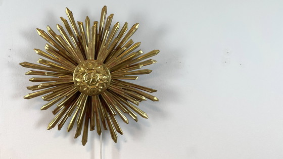 Image 1 of Applique murale Sunburst coupe soleil Mid Century bois