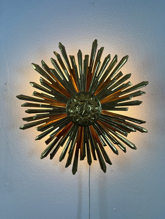 Image 1 of Applique murale Sunburst coupe soleil Mid Century bois