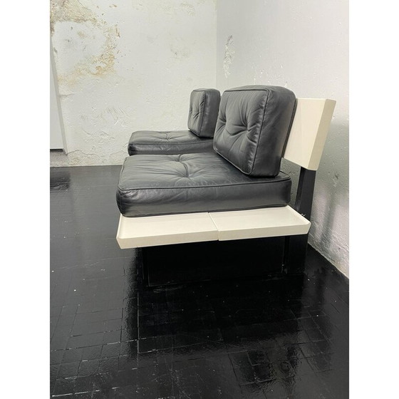 Image 1 of Banc vintage en bois et cuir, Belgique 1970