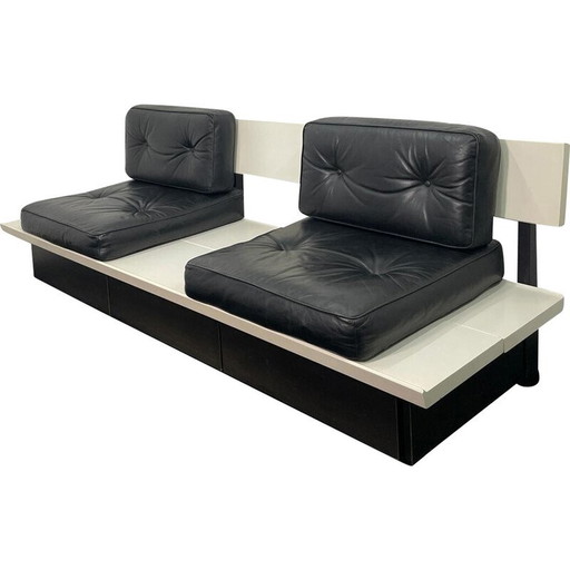 Banc vintage en bois et cuir, Belgique 1970