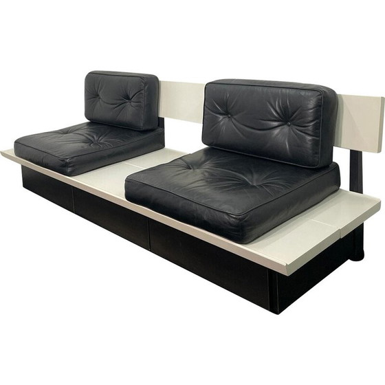 Image 1 of Banc vintage en bois et cuir, Belgique 1970